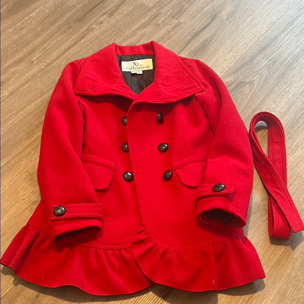 Girls' Red Double-Breasted Peacoat with Removable Belt - Kathleen M. Style